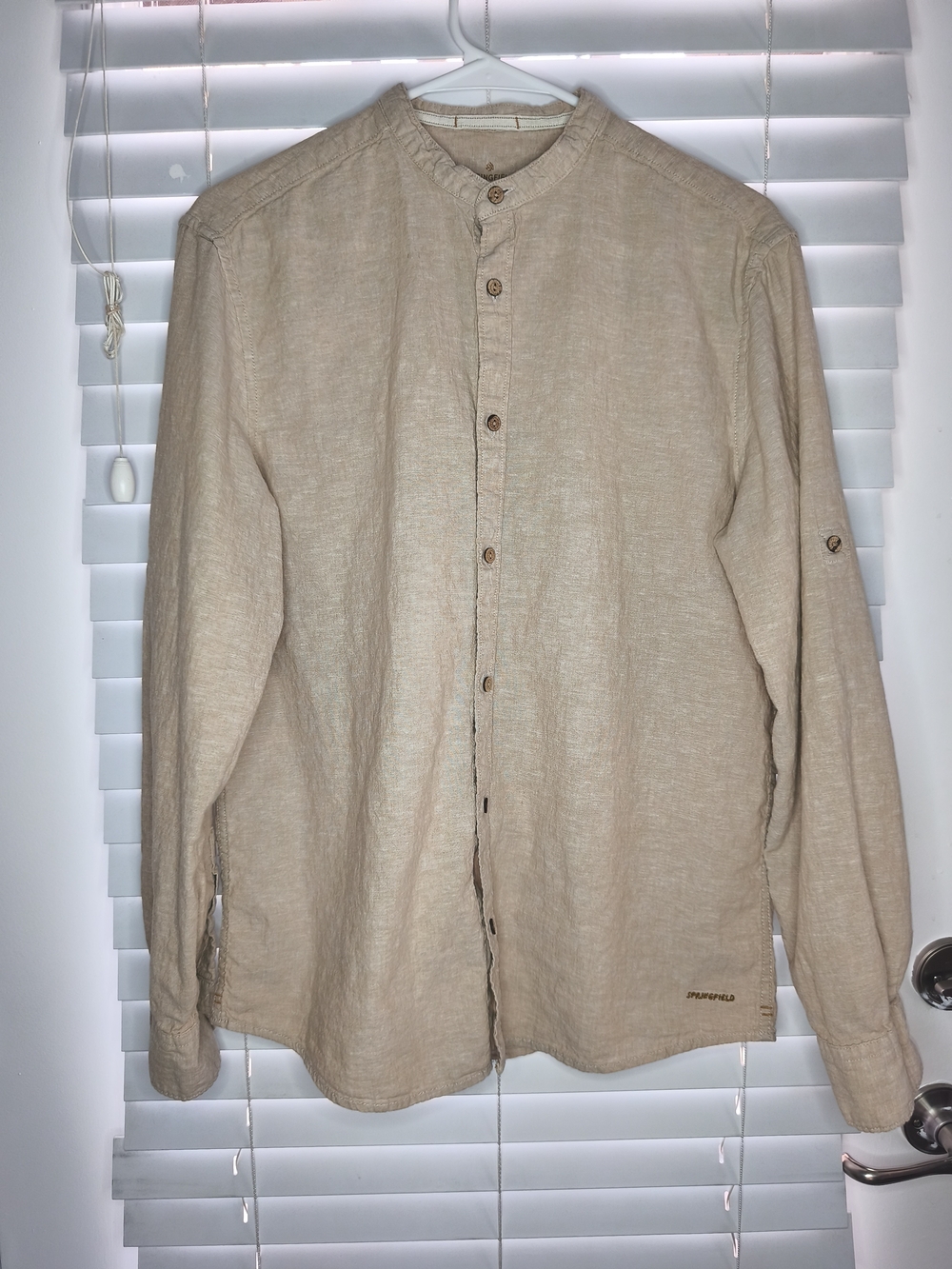 Springfield Men M Beige 100% Linen Shirt Mandarin Banded Collar Roll Up Sleeve